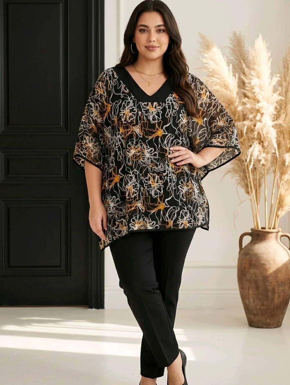 NWOT Lane Bryant black w gold flowers flowy kimono blouse Sz 22/24 lined